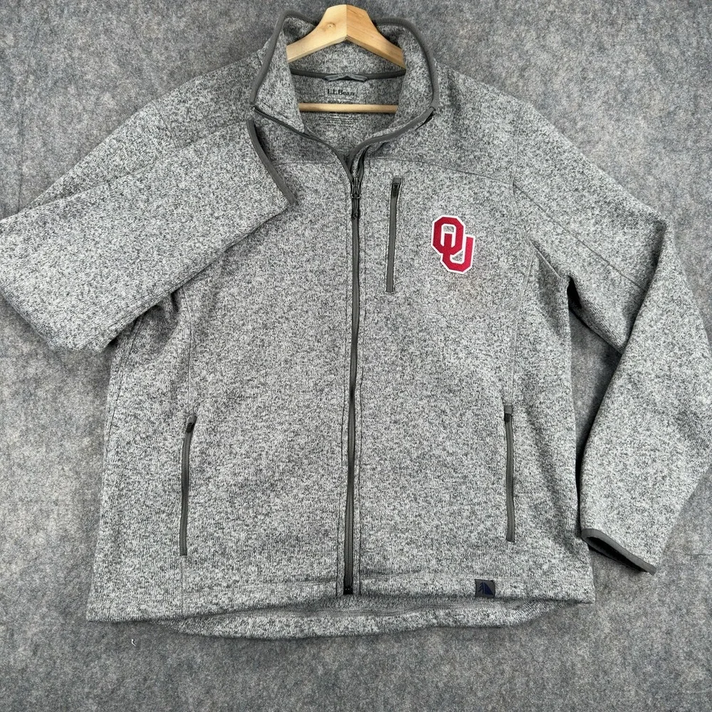 Oklahoma Sooners Jacket Mens Large Gray NCAA Football Full Zip Fleece L.L. Bean